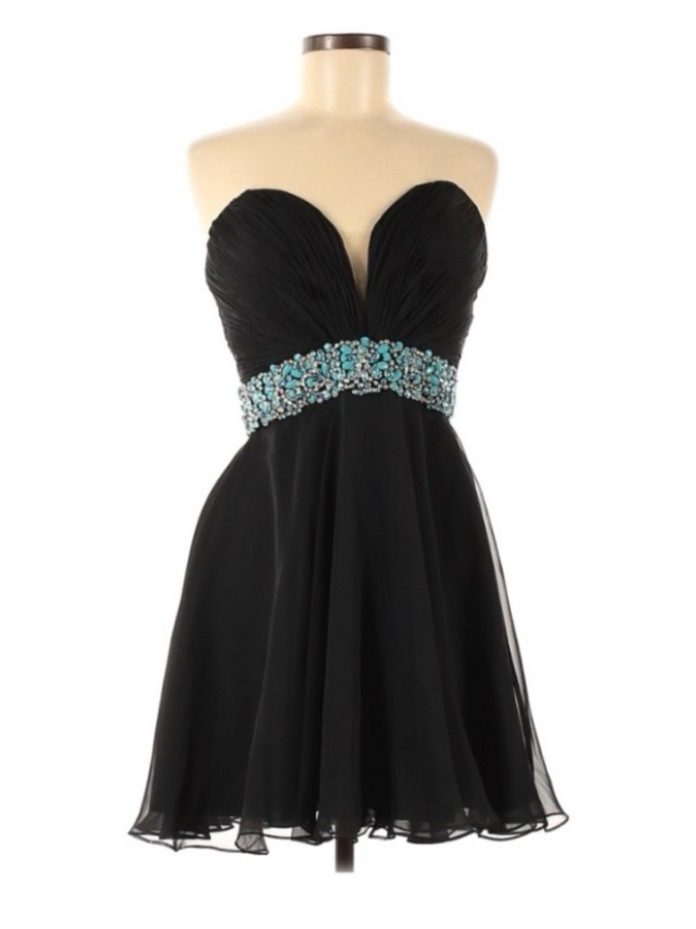 Jovani Black Strapless Chiffon Dress with Turquoise Beaded Waist
